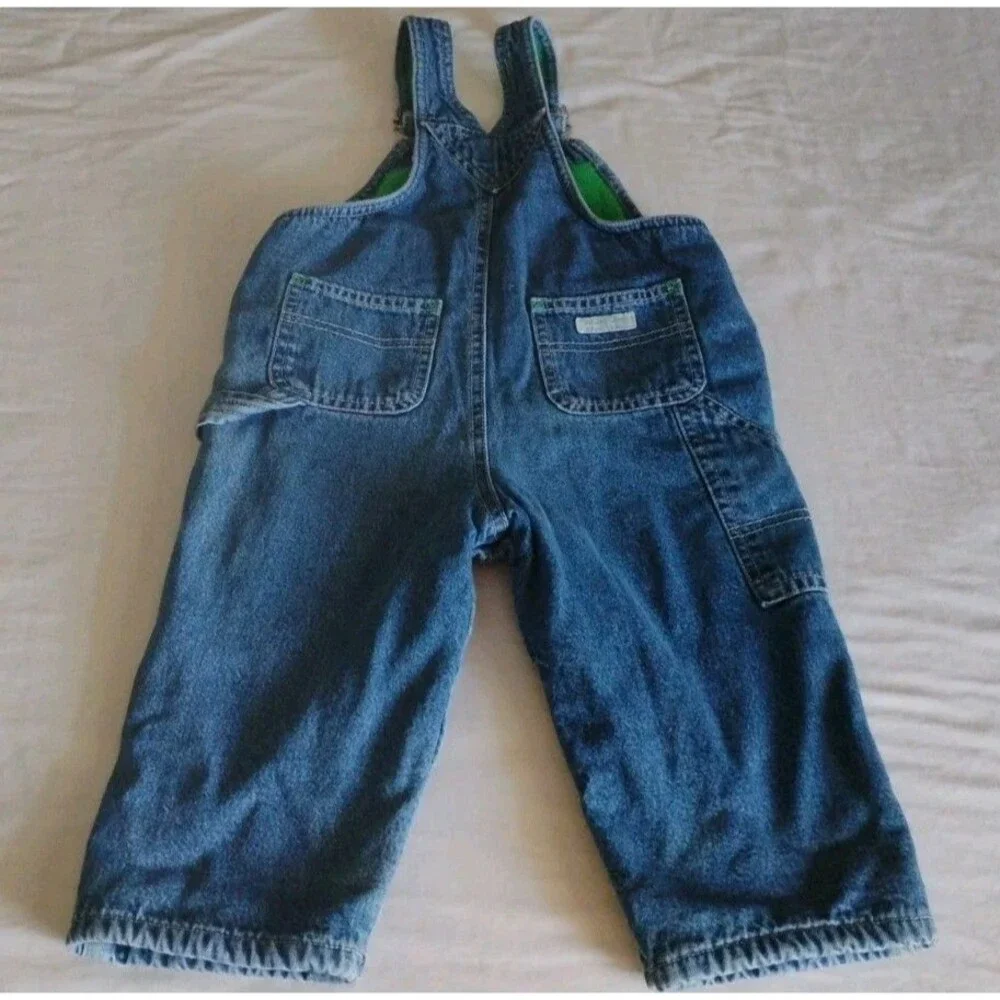 Vtg BABY GAP Denim Overalls Green Fleece Lined Zip Pocket Utility 18-24 Mo RARE